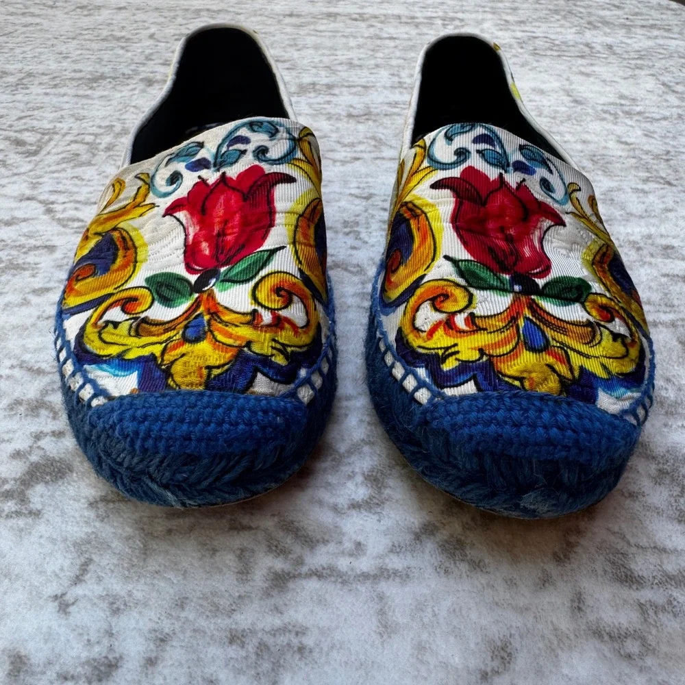 Dolce & Gabbana Majolica Print Espadrilles Blue Jute Flats Size 36 US Size 6